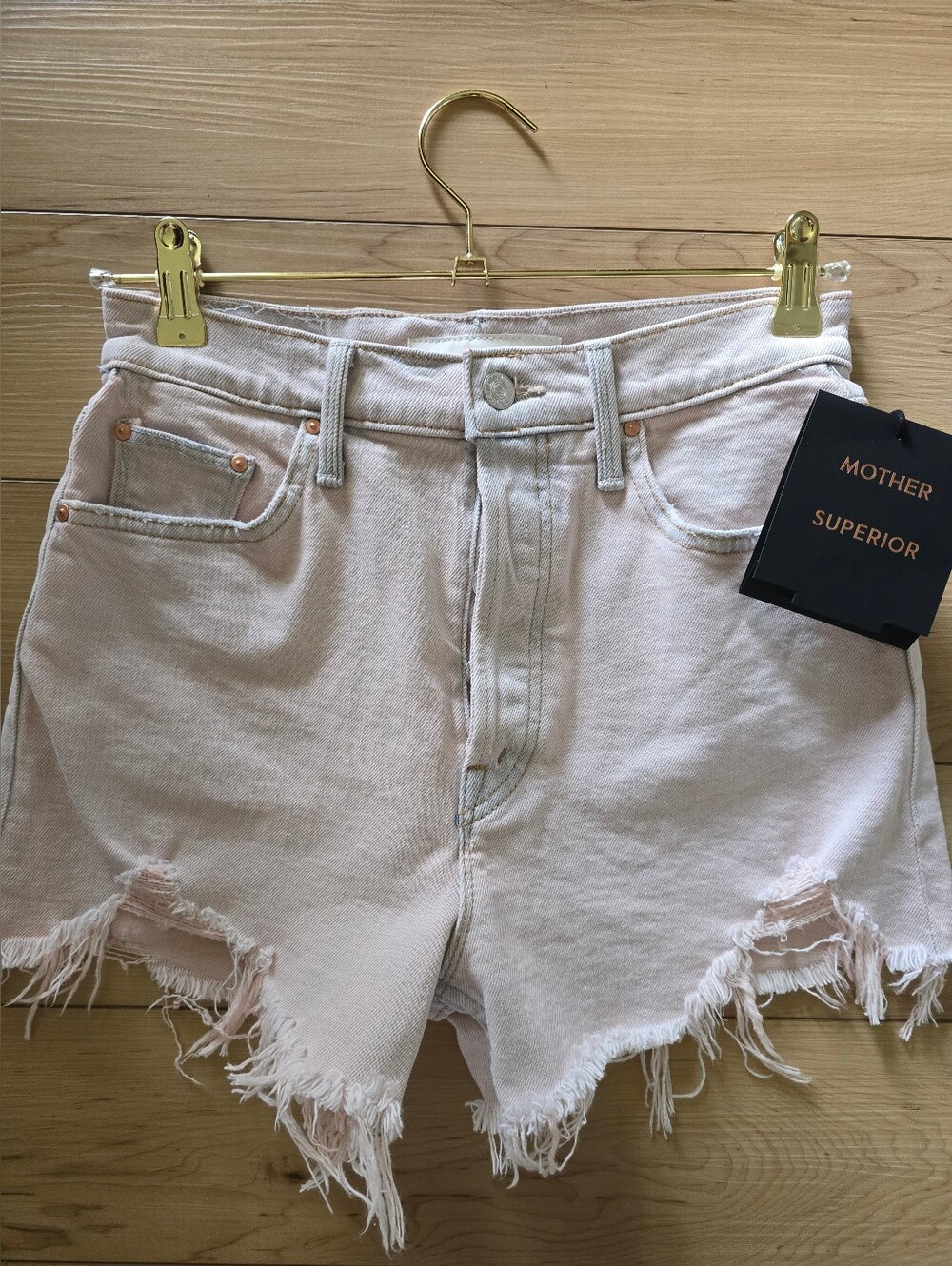 MOTHER Superior Frayed Hem Light Pink Denim Shorts